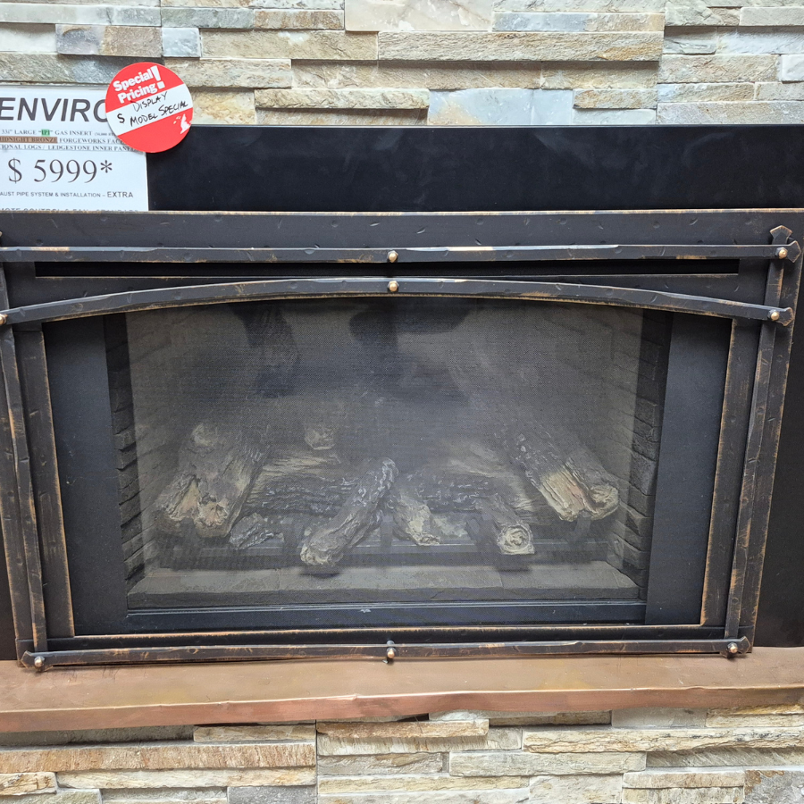 gas fireplace insert Enviro E33 clean face design with brushed metal surround, light refractory interior panels, and wide viewing glass display model Olympia WA