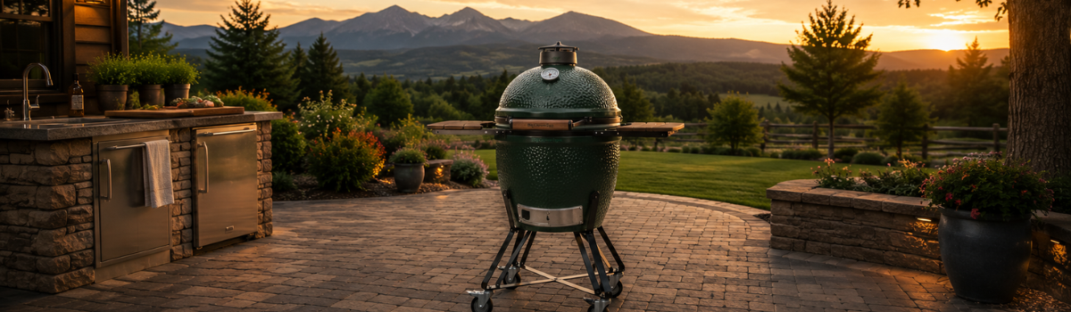 Big Green Egg grill on luxury outdoor patio at sunset