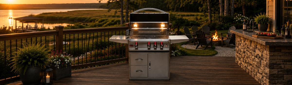 Blaze stainless steel gas grill in outdoor kitchen setting
