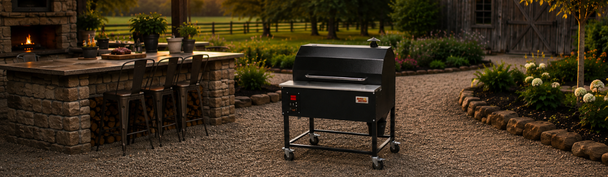 Smokin Brothers pellet smoker in outdoor cooking space
