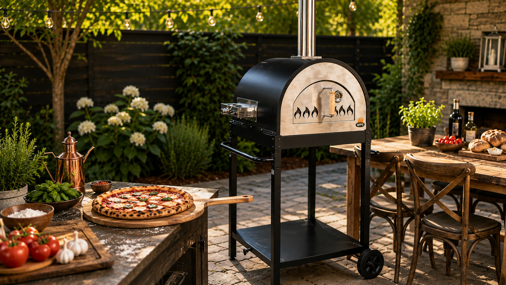 WPPO wood fired pizza oven with fresh ingredients and artisan pizza on a patio