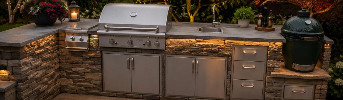 Custom outdoor kitchen with stainless grill and Big Green Egg smoker