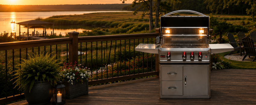Blaze stainless steel gas grill in outdoor kitchen setting