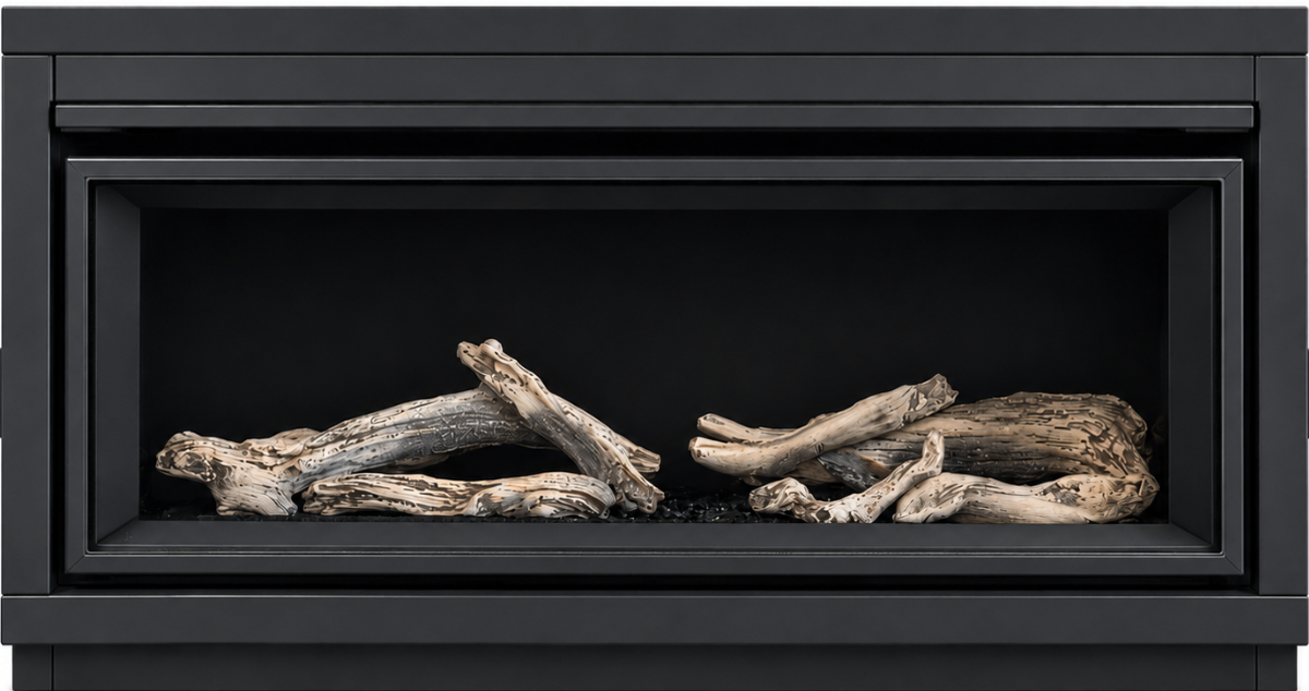 Enviro C44 contemporary gas fireplace with driftwood-style log set and clean-face design