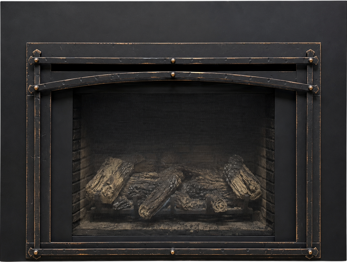 Enviro E33i direct vent gas insert with rustic artisan face and log set