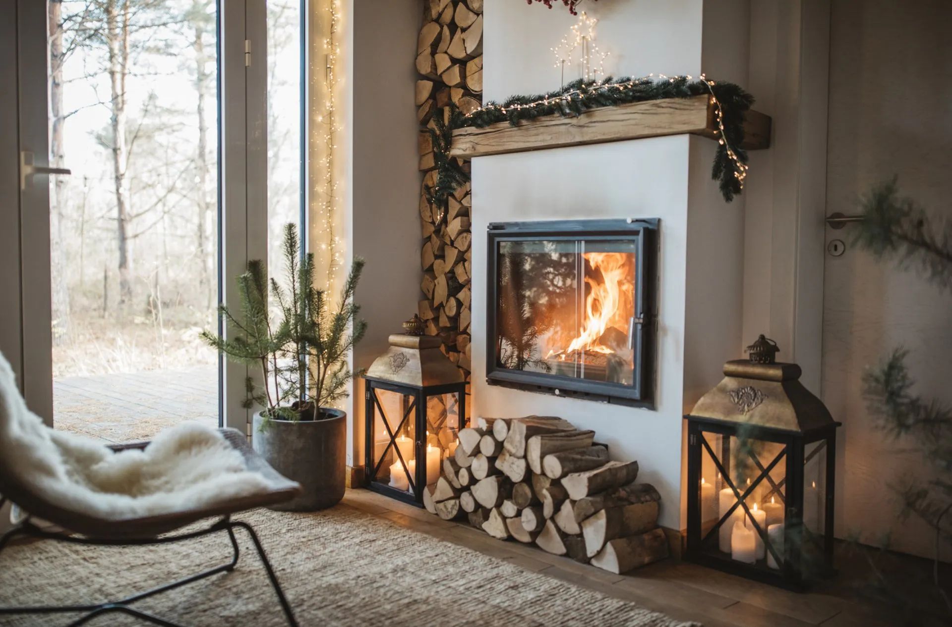 Cozy living room with a wood burning fireplace in Olympia, WA