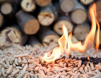 Fire burning on wood pellets with a stack of logs in the blurred background.