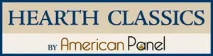 Logo for Hearth Classics by American Panel. Blue and beige rectangular banner with dark blue text.