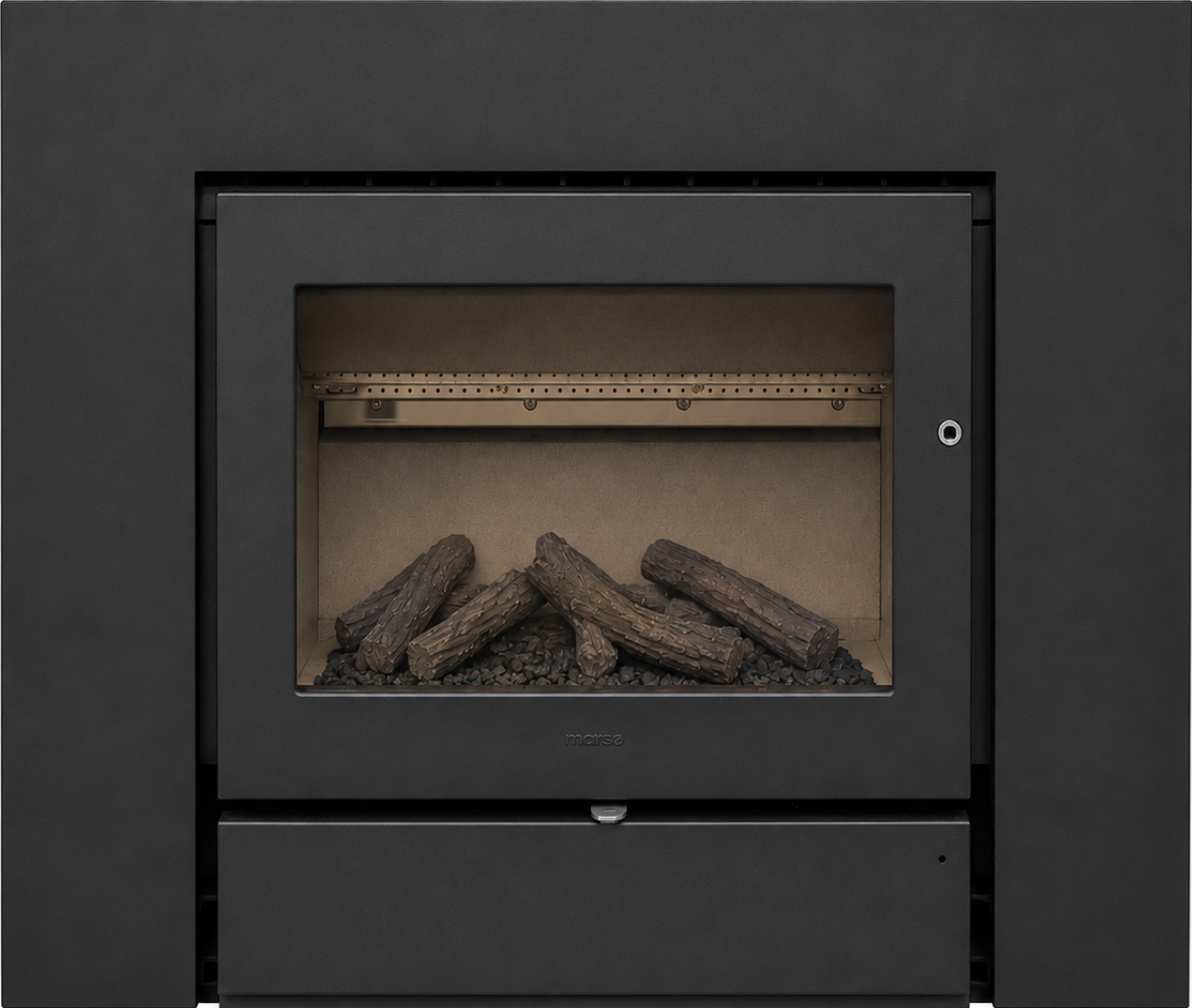 Morso 5660 modern wood burning fireplace insert with black steel surround