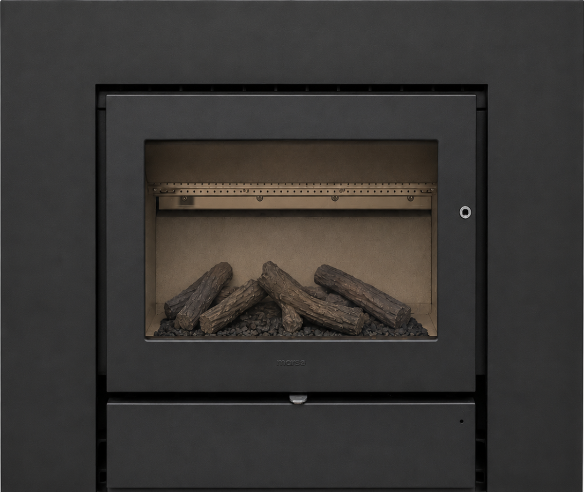 Morso 5660 modern wood burning fireplace insert with black steel surround
