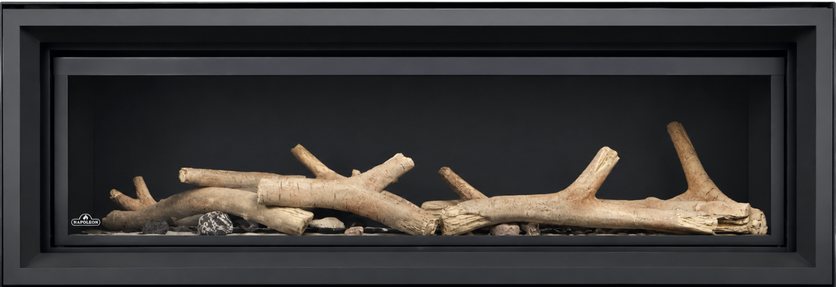 Napoleon Luxuria 62 linear gas fireplace with driftwood media and wide landscape viewing area