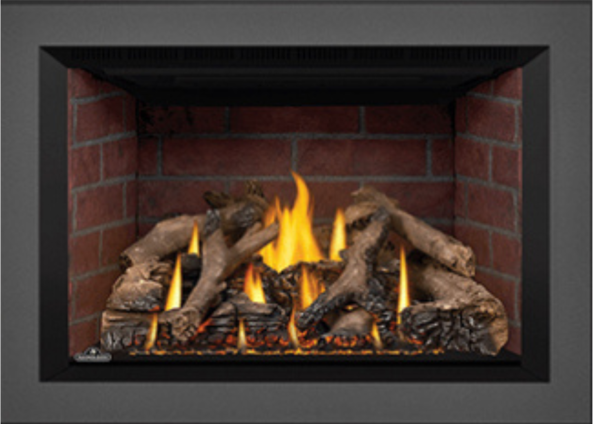 Napoleon Oakville direct vent gas fireplace with realistic log set and brick-style interior