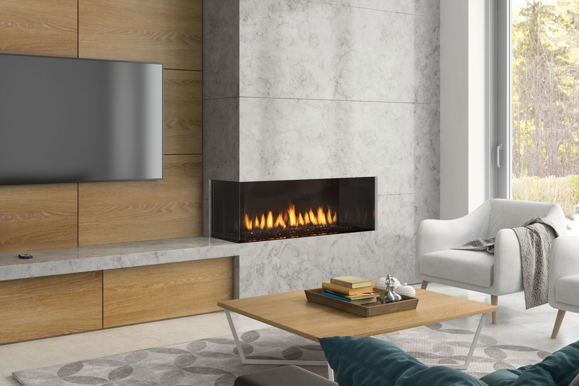 Modern built-in gas fireplace providing clean, efficient heat in Olympia, WA available at Capital City Stove & Grill Center
