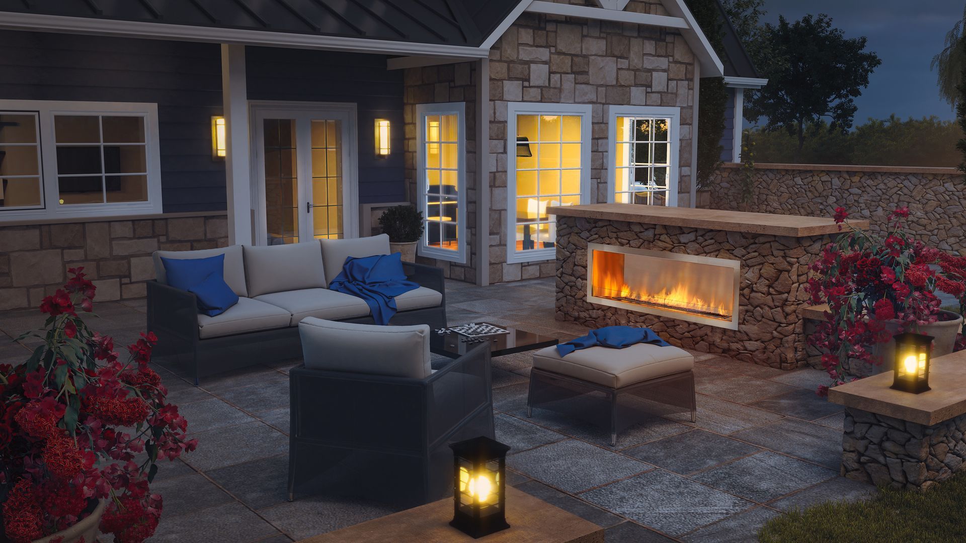 Large stone outdoor gas fireplace from Capital City Stove & Grill Center in Shelton, WA
