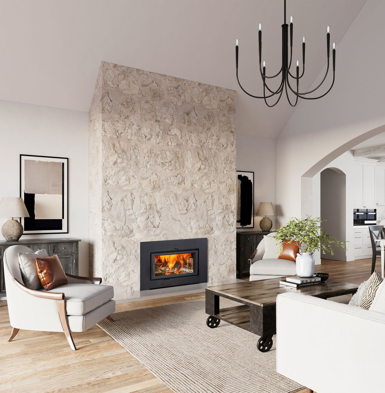 Wood fireplace insert installed in an existing fireplace opening, designed to improve heat efficiency and performance