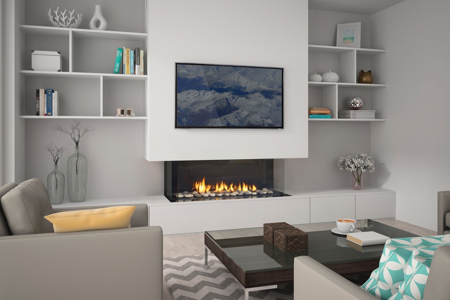 Indoor gas fireplace with glowing flames and efficient heat in Aberdeen, WA