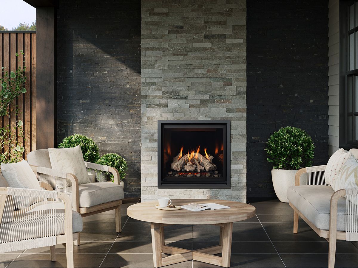 Outdoor gas fireplace on the patio overlooking the water in Ocean Shores, WA