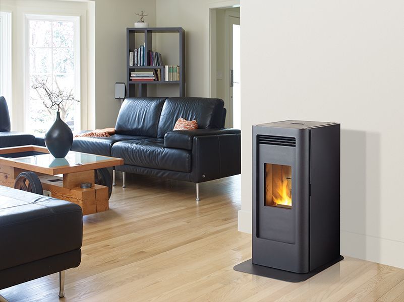 Modern pellet stove providing efficient heat in Yelm, WA home