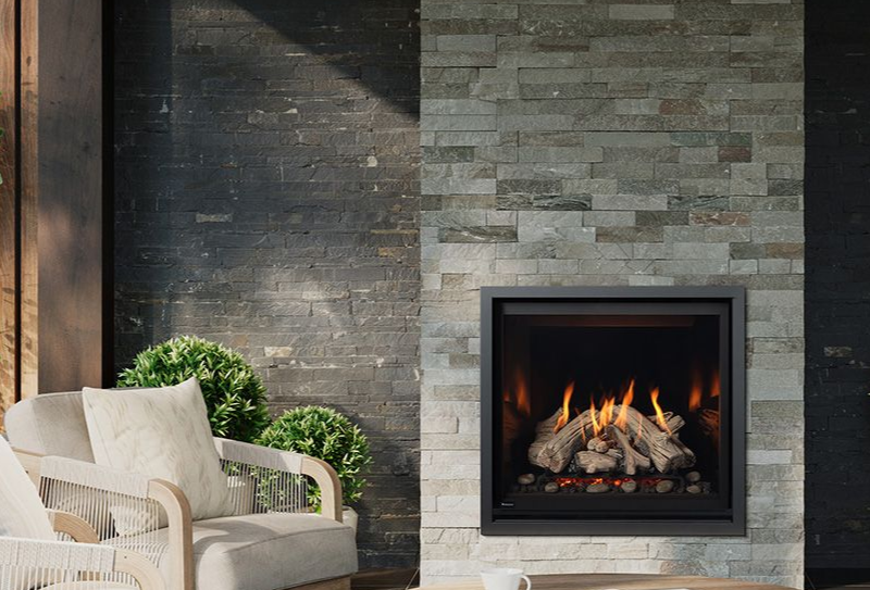 Outdoor gas fireplace on covered patio in Centralia home creating cozy ambiance
