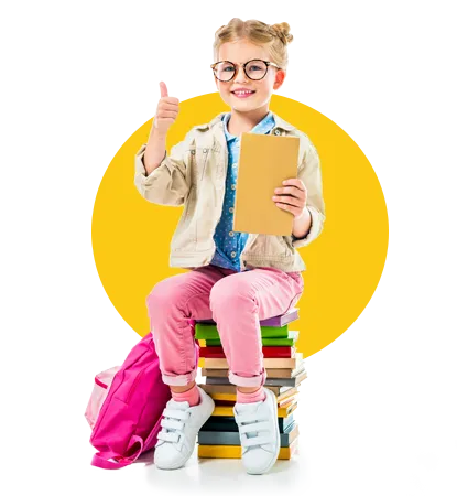 Girl in glasses with thumb up, sitting on books, holding book, pink backpack, yellow circle.