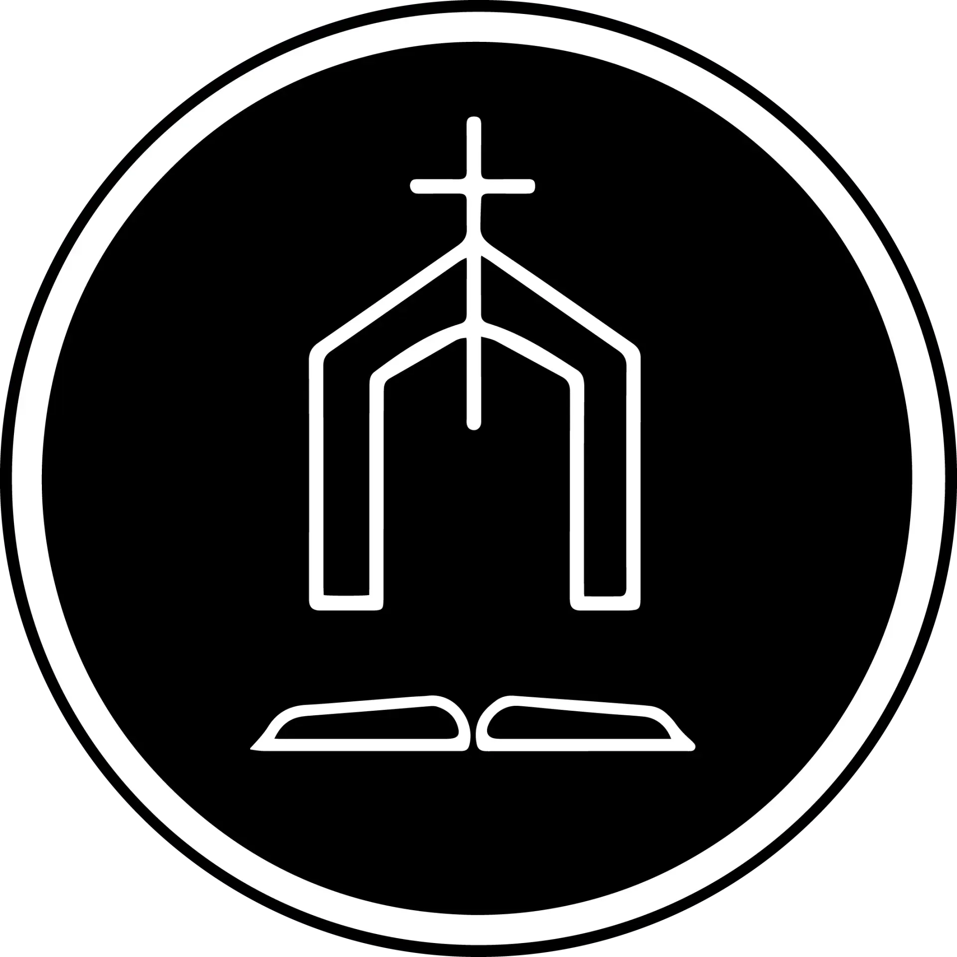 A black and white logo of a church with a cross and a bible.