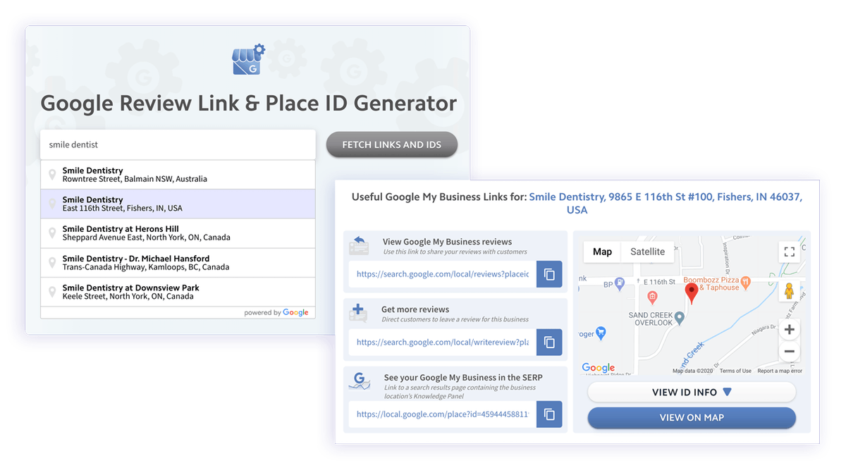 A screenshot of a google review link & place id generator.