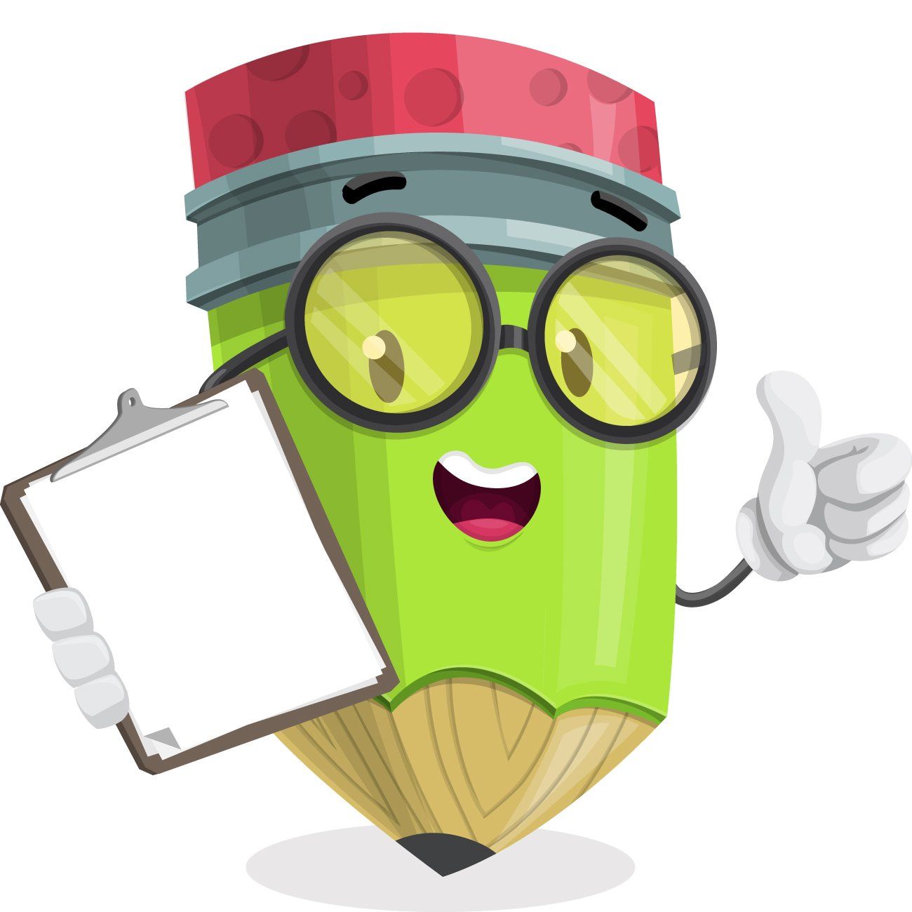 A green pencil with glasses and a clipboard is giving a thumbs up.