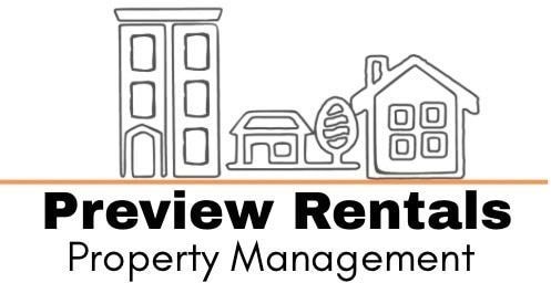 The logo for preview rentals property management shows a building , a house , and a tree.