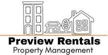 The logo for preview rentals property management shows a building , a house , and a tree.