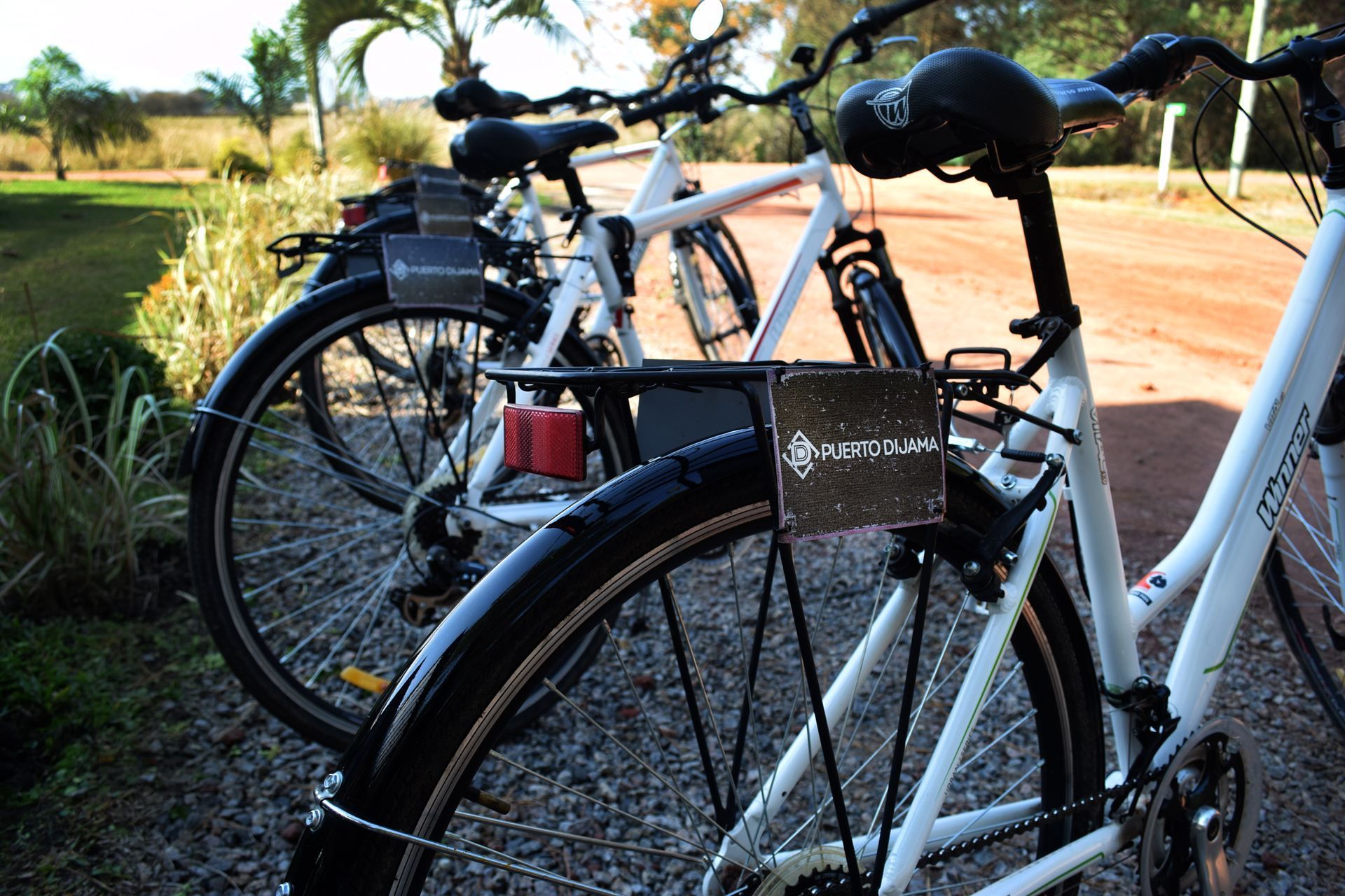 Una fila de bicicletas están estacionadas una al lado de la otra sobre grava.