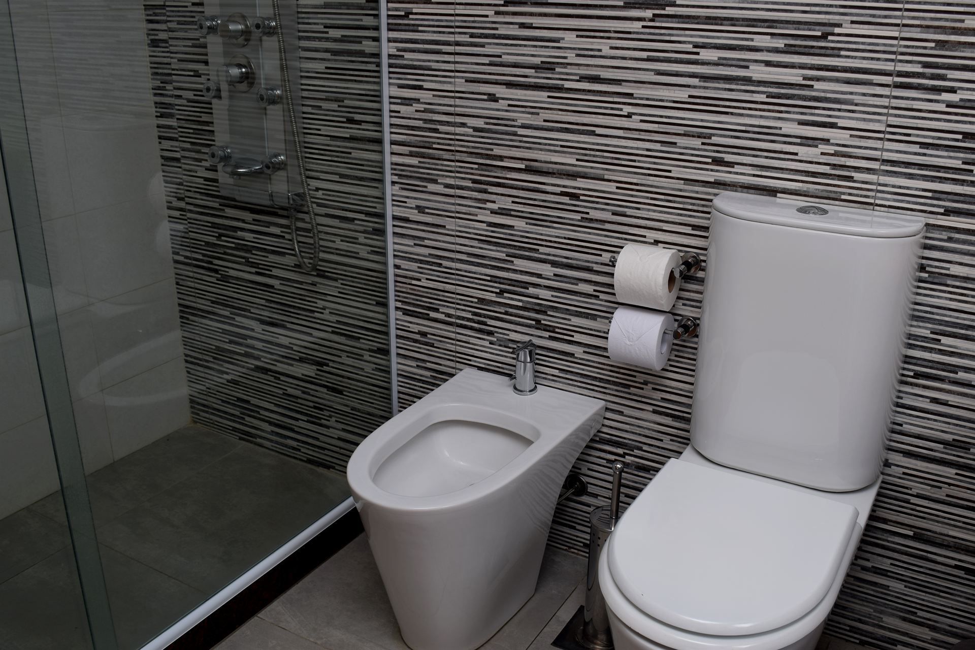 Un baño con inodoro, bidet y ducha.