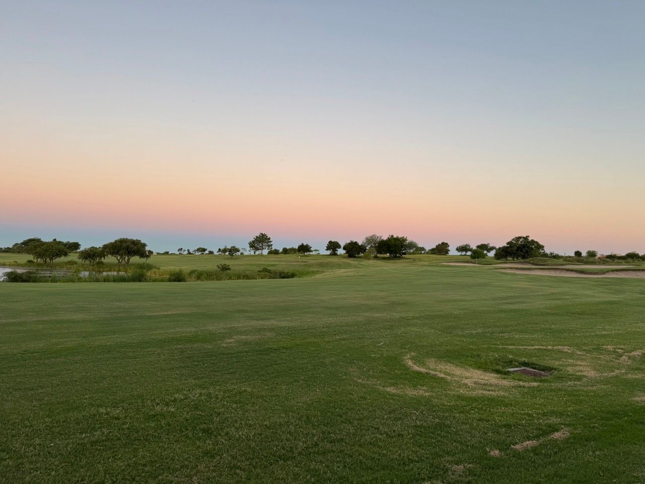 Un cubo lleno de palos de golf y una funda azul para la cabeza.