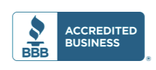 The BBB logo is blue and white and says accredited business.