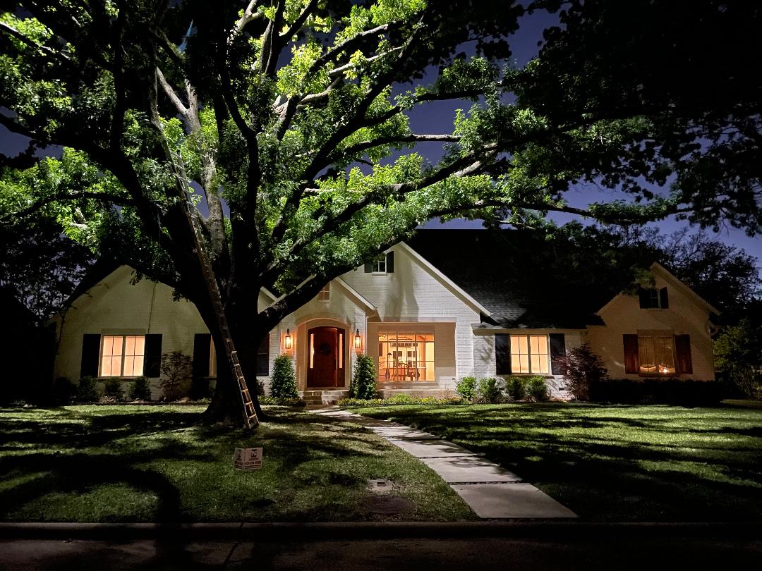 House at night, lit from within. Large tree shadows across the lawn.