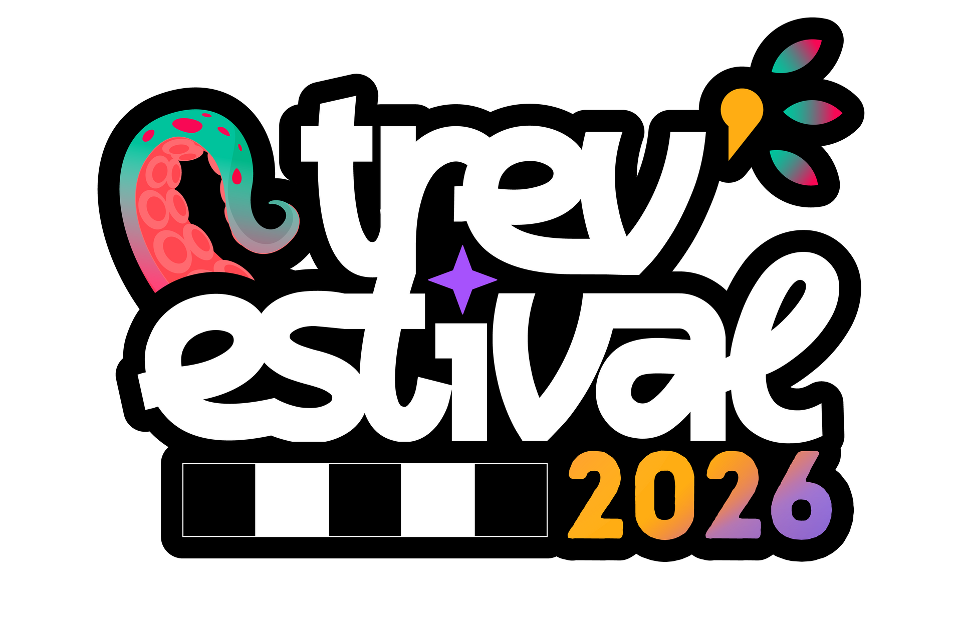 Logo pour &laquo; trevestival 2026 &raquo; repr&eacute;sentant un tentacule de pieuvre, une &eacute;toile et des feux d'artifice color&eacute;s sur fond noir.
