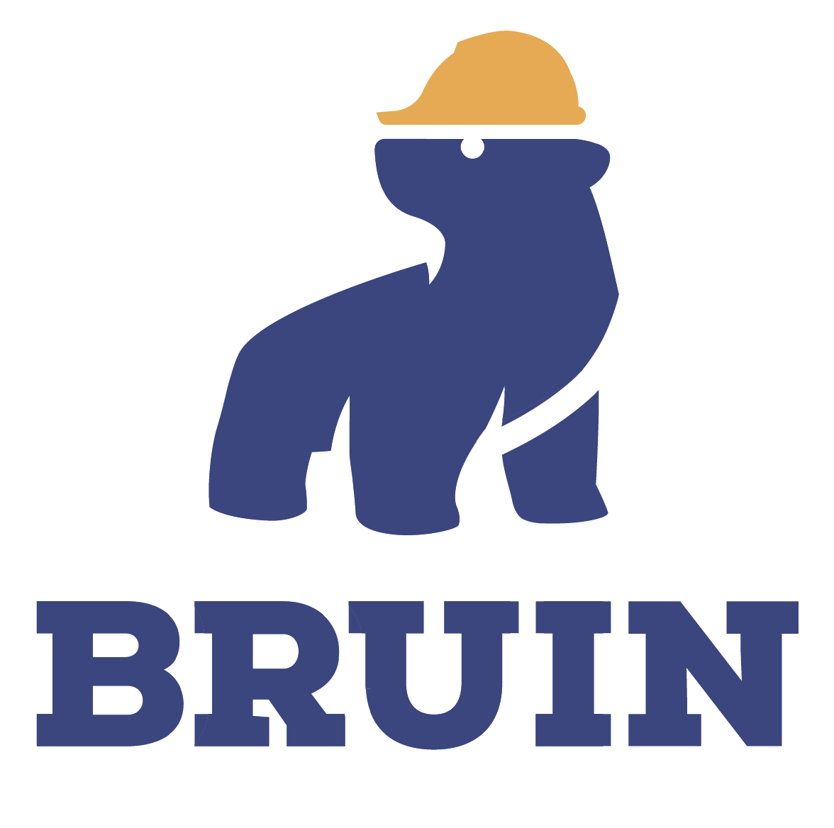 A blue and yellow logo for bruin with a bear wearing a hard hat
