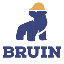 A blue and yellow logo for bruin with a bear wearing a hard hat
