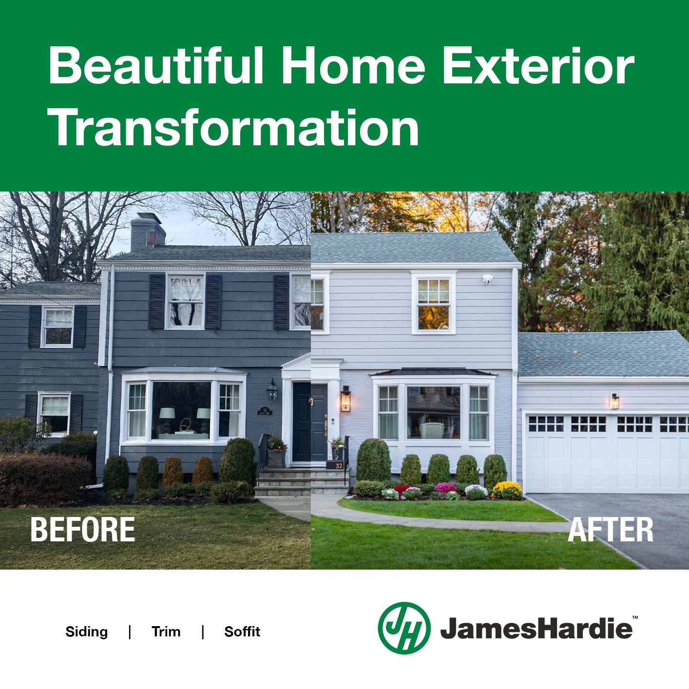 A before and after picture of a home exterior transformation