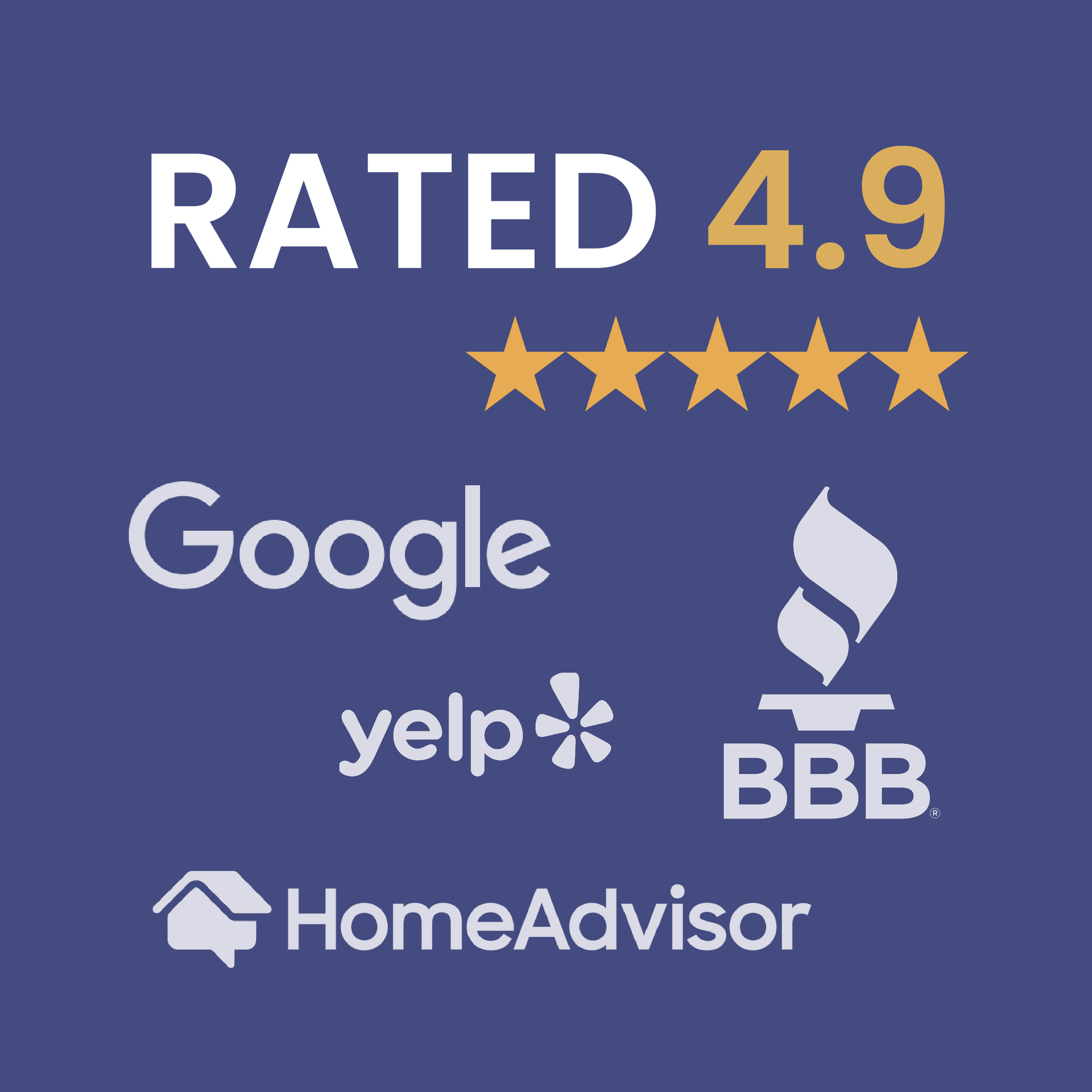 A purple background with logos for google , yelp , bbb , and homeadvisor.