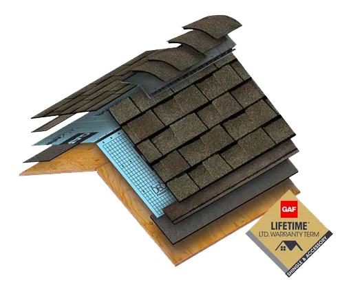 A diagram of a roof with shingles and a lifetime warranty.