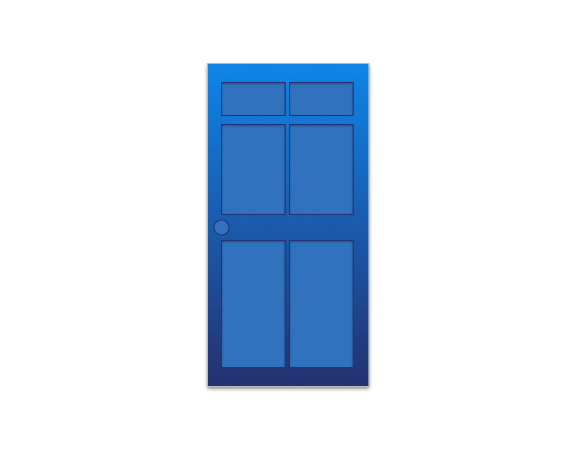 A blue door with four windows on a white background.