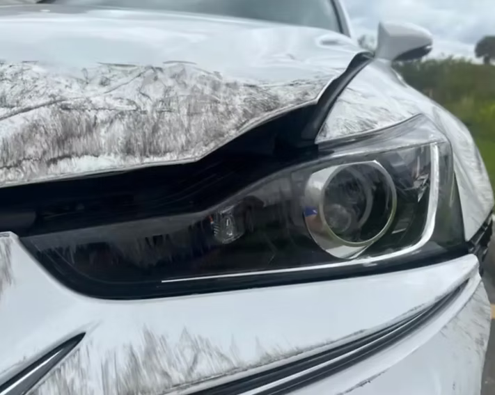 A close up of a white car with a damaged hood and headlight | AP Autohouse