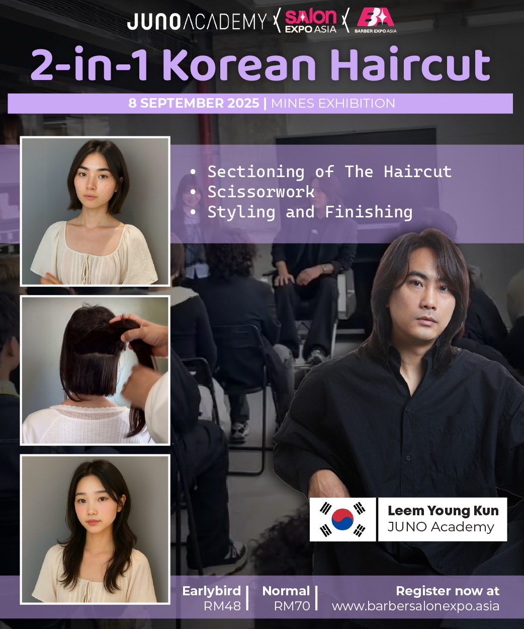 Korean haircut workshop. Features models, hairstylist Lee Young Ken, and details on sectioning, scissorwork, and styling.