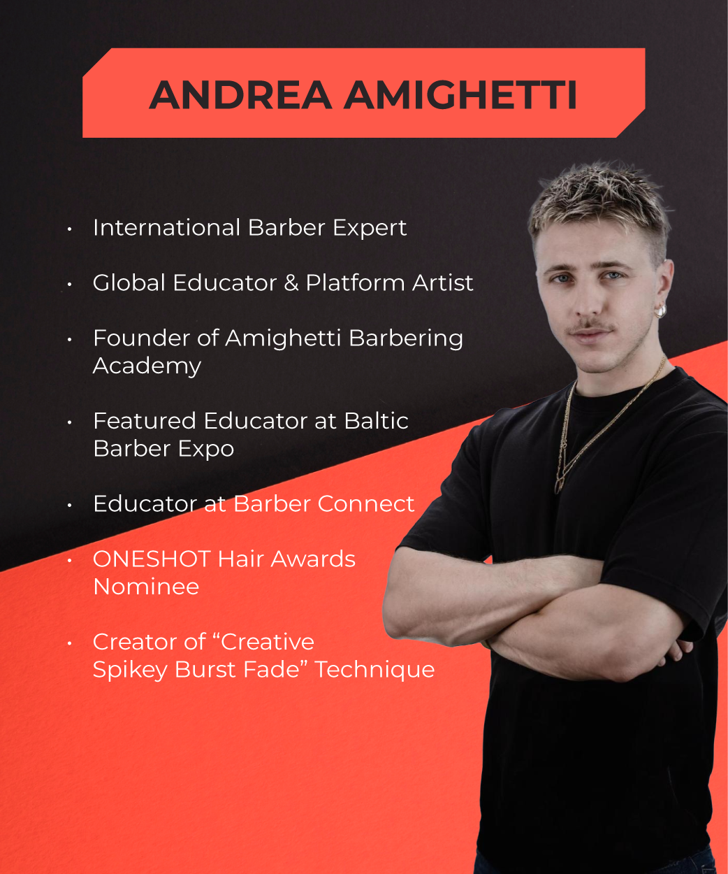 A poster for andrea amighetti shows a man with his arms crossed