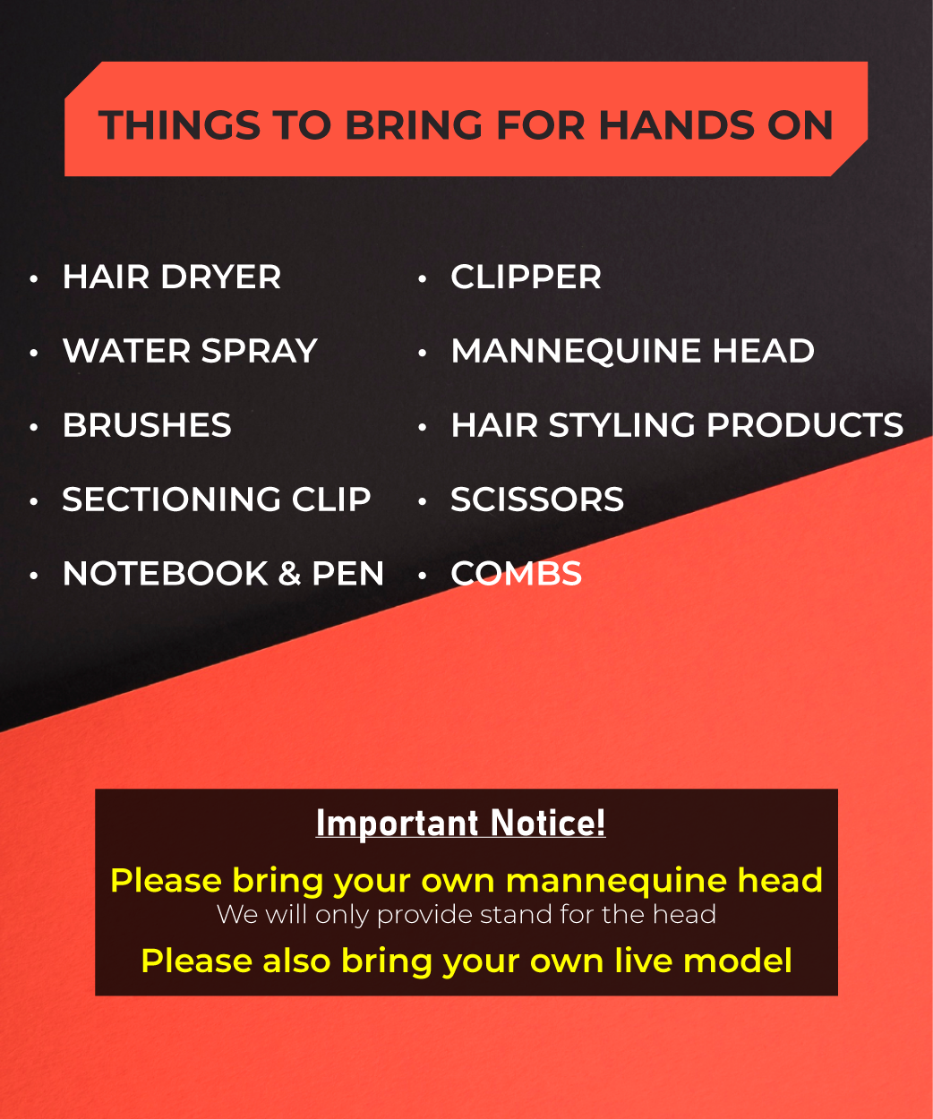 A poster with a list of things to bring for hands on