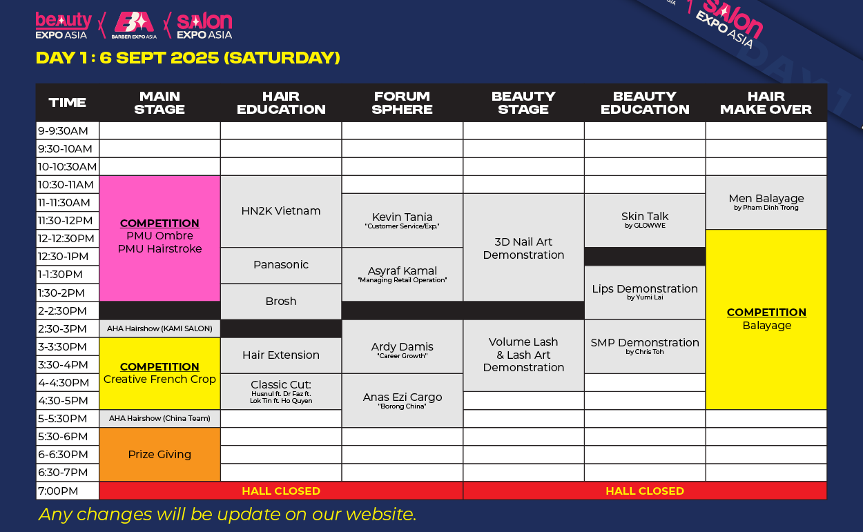 Schedule for a beauty expo on September 6th (Saturday)
