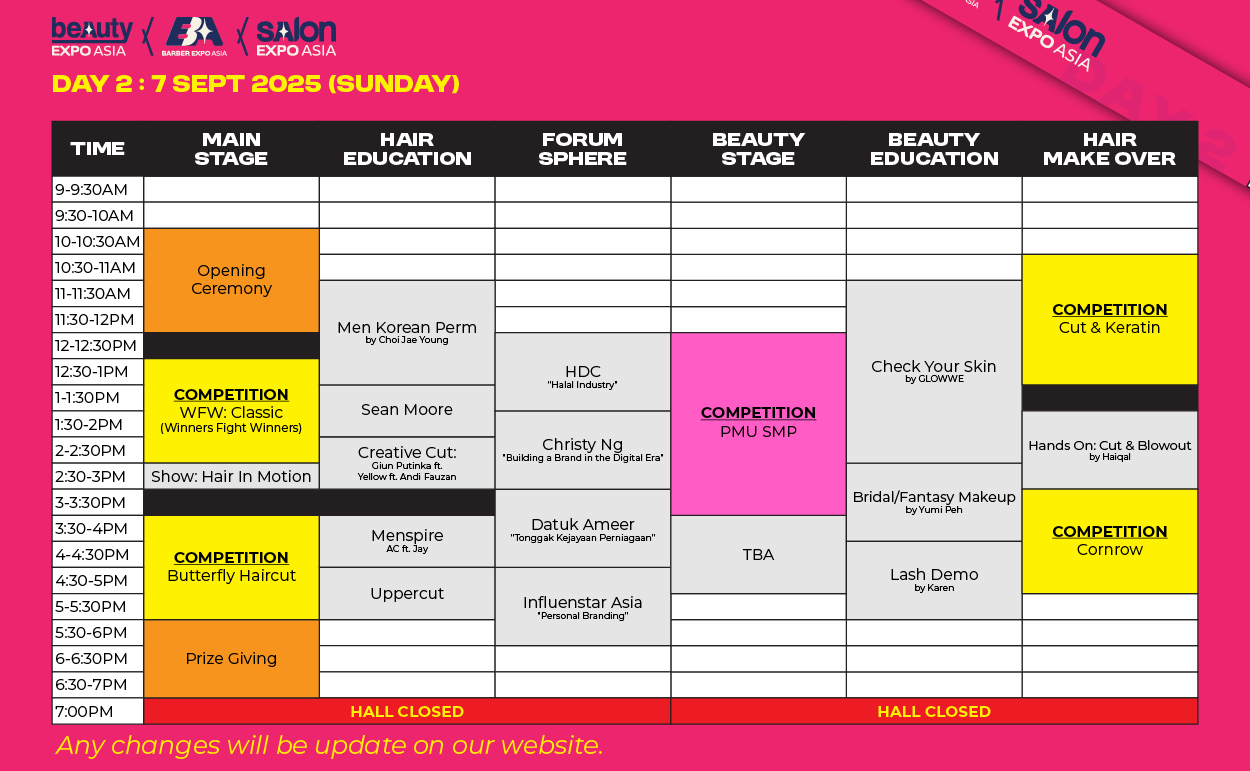 Schedule for a beauty expo on September 7th (Sunday)