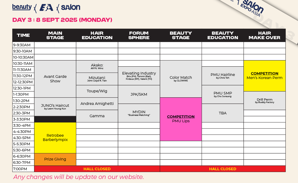 Schedule for a beauty expo on September 8th (Monday)