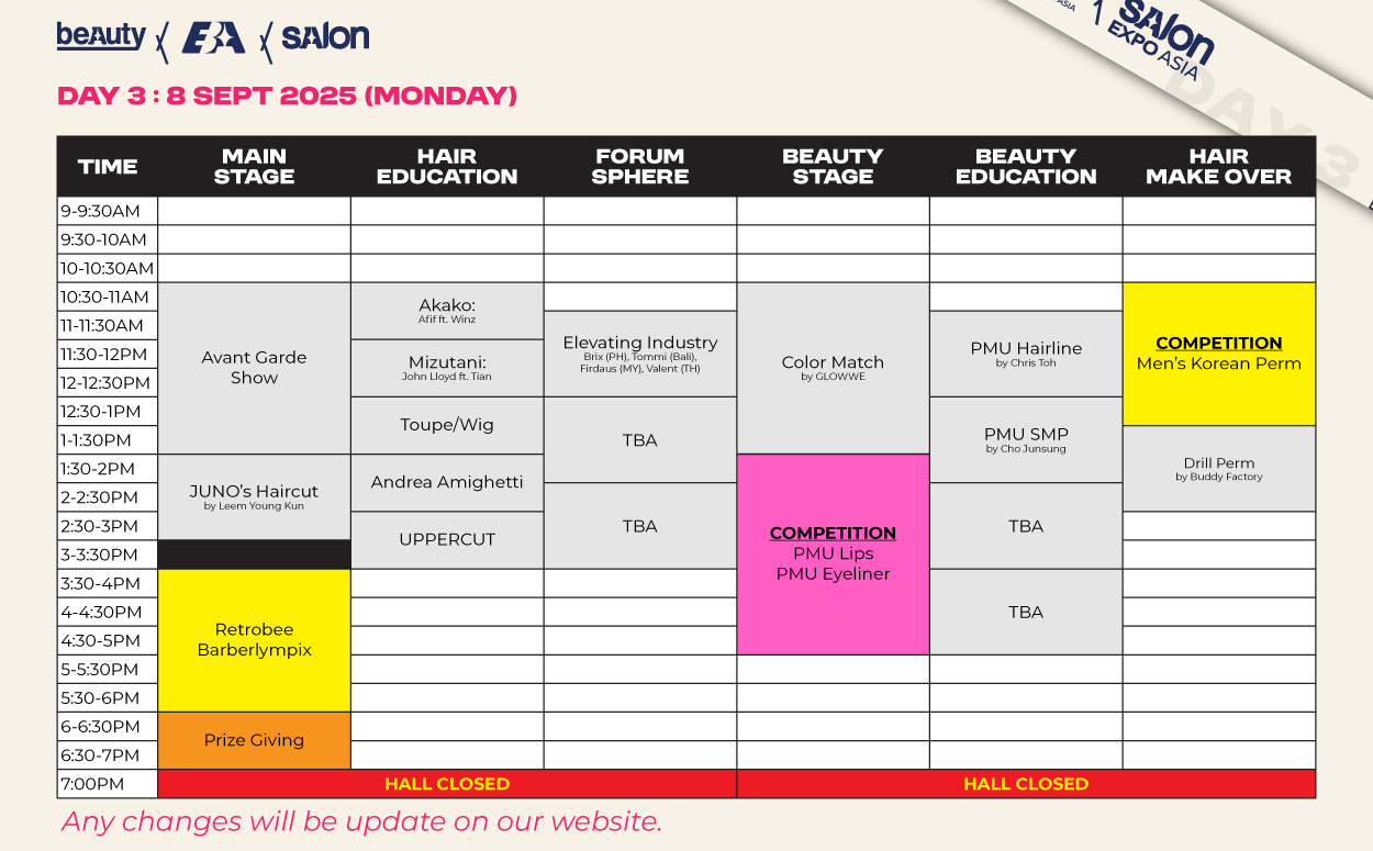 Schedule for a beauty expo on September 8th (Monday)