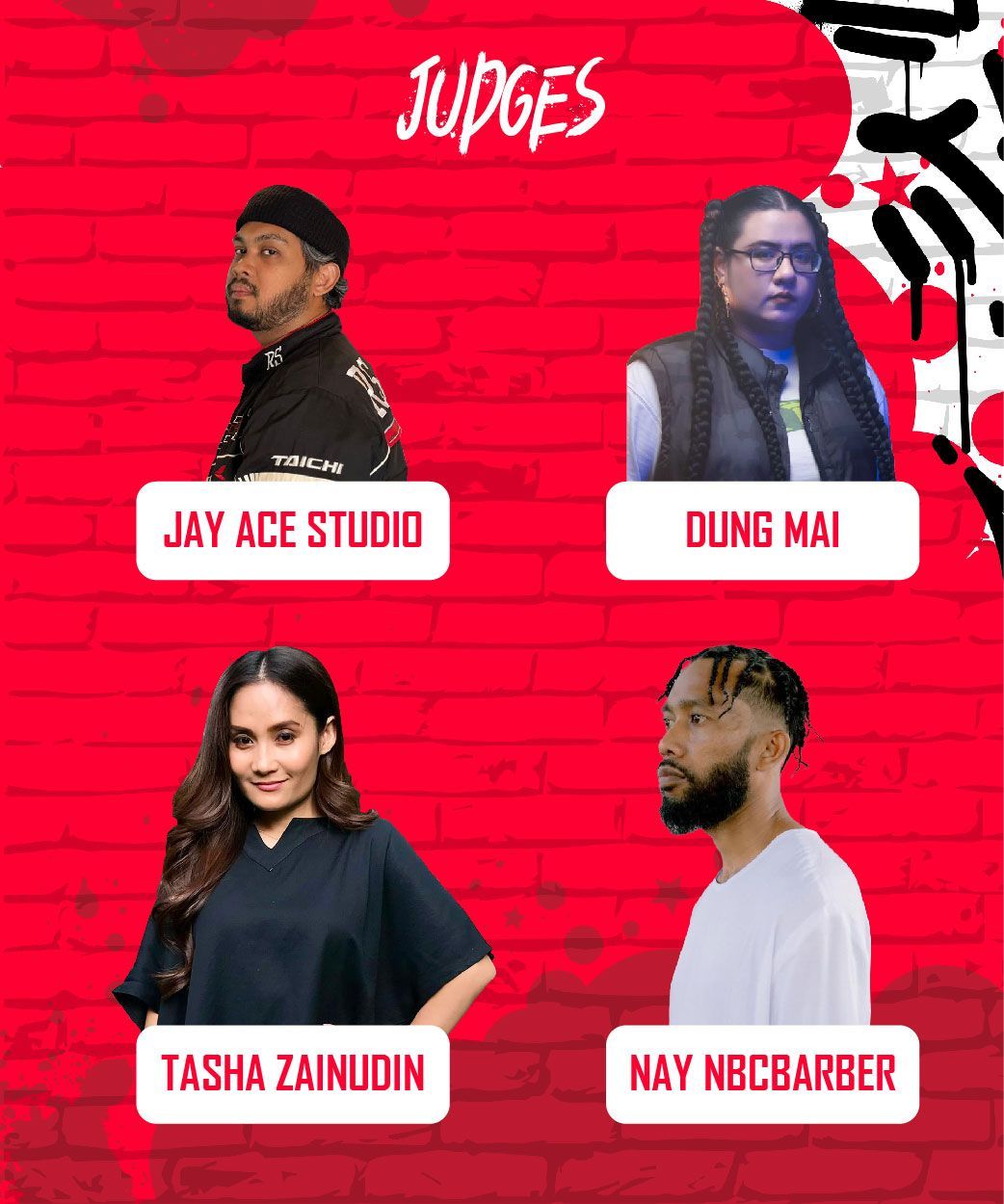 A group of people standing next to each other with the words judges at the top